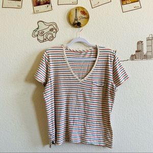 Madewell Multicolor Striped Pocket Detail Short Sleeve V-Neck Top Size XL